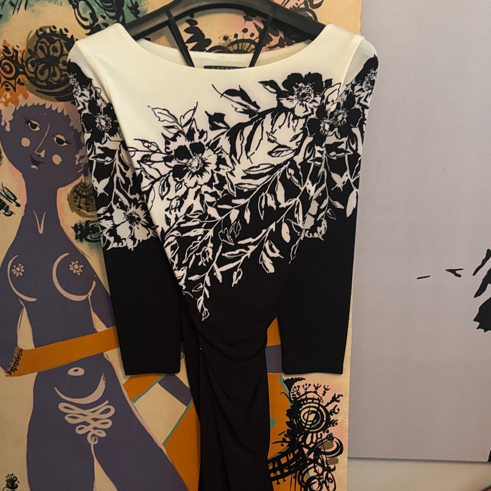 Ralph Lauren Black and White Floral Long Sleeve Dress 8P
